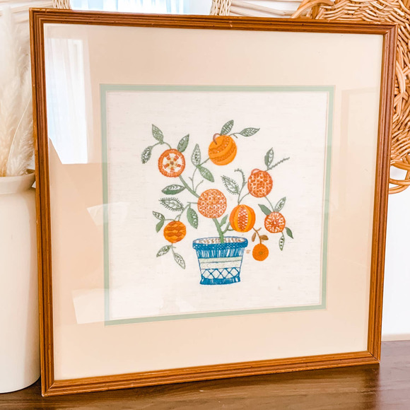 Vintage Potted Plant Framed Crewel Embroidery Art